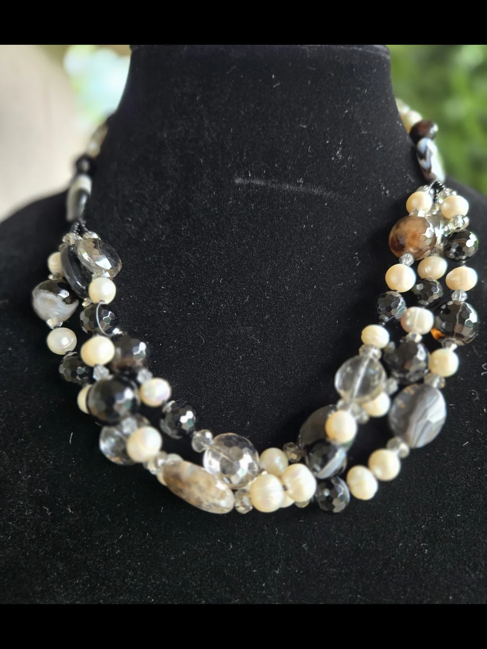Agate Pearl Crystal Multi-Strand Black White Banded Natural Stone Bead Necklace